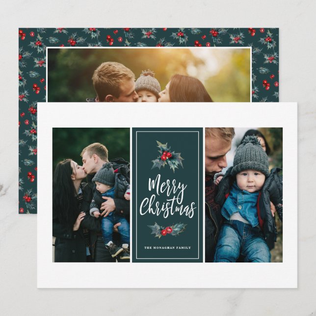3 Photo Elegant Painted Holly | Christmas Green Holiday Card (Front/Back)