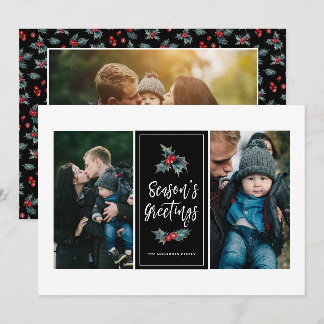 3 Photo Elegant Painted Holly | Greetings Black Holiday Card (Front/Back)