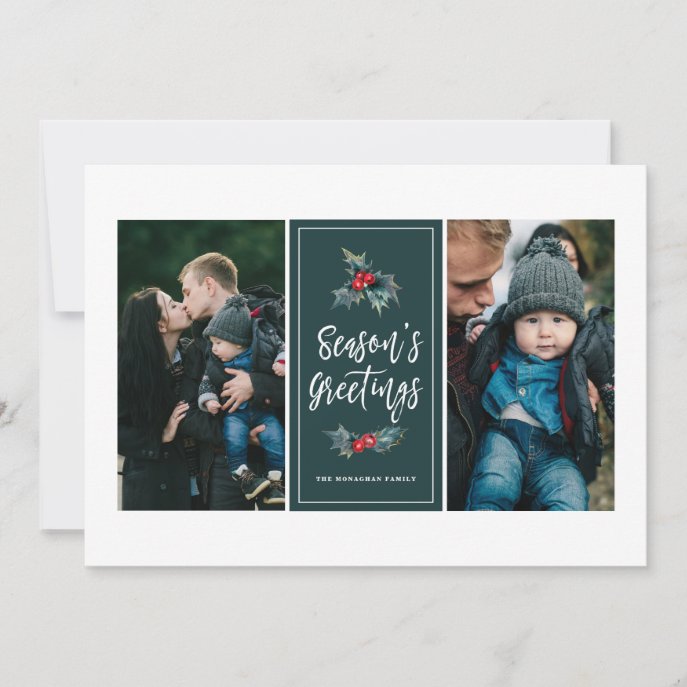 3 Photo Elegant Painted Holly | Greetings Green Holiday Card