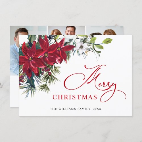 3 PHOTO Elegant Poinsettia Christmas Greeting Holiday Card