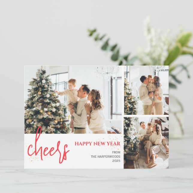 3 Photo Elegant Script Modern Happy New Year Holiday Card (Standing Front)