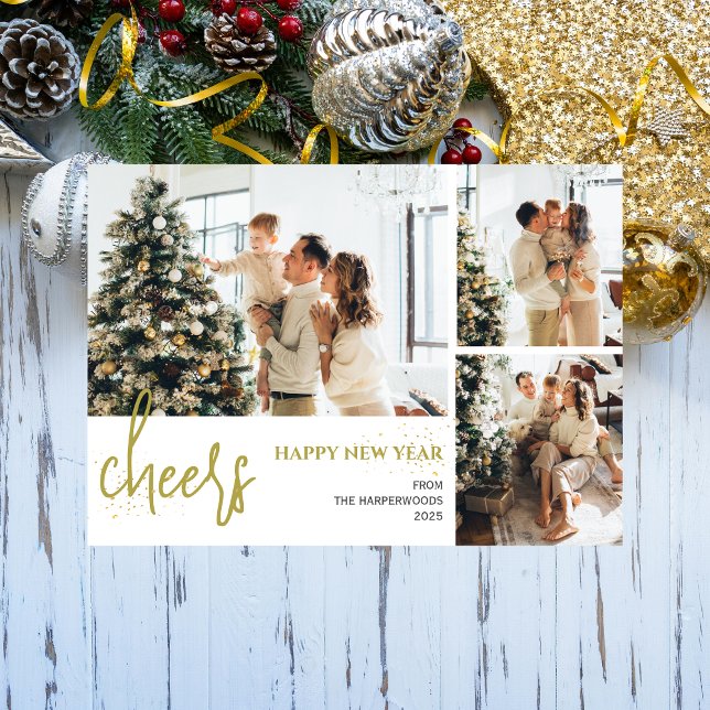 3 Photo Elegant Script Modern Happy New Year Holiday Card (Creator Uploaded)
