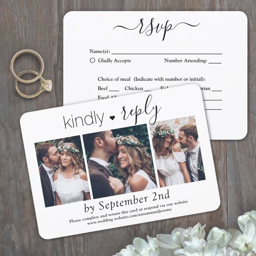 3 Photo Elegant Simple Script Kindly Reply Wedding RSVP Card