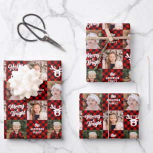 3 Photo Family Buffalo Plaid White Reindeer  Wrapping Paper Sheets