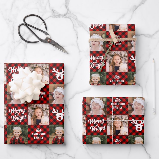 3 Photo Family Buffalo Plaid White Reindeer  Wrapping Paper Sheets (Front)
