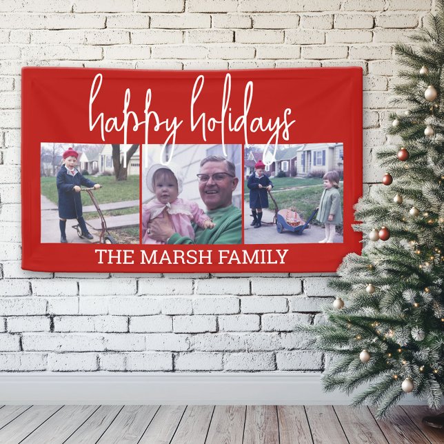 3 Photo Family Christmas Greeting - modern script Banner (Custom Christmas Holiday Banner)