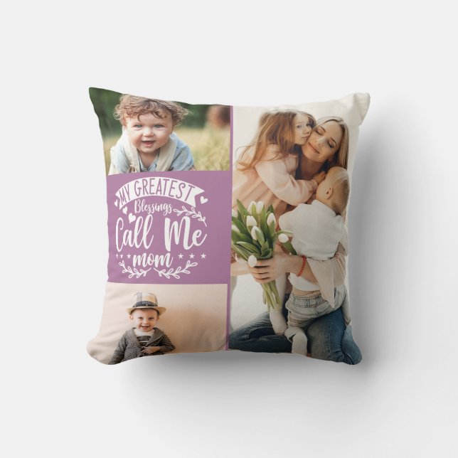 3 photo family collage mom keepsake mothers day throw pillow (Front)