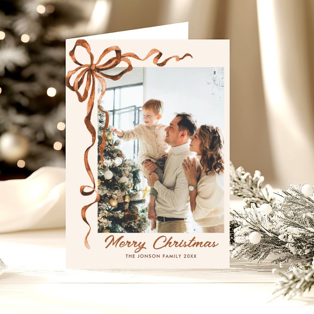 3 Photo Festive Christmas Boho Beige Bow Ribbon Holiday Card (Creator Uploaded)