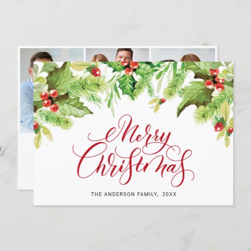 3 PHOTO Festive Holly Berry Christmas Greeting Hol Holiday Card