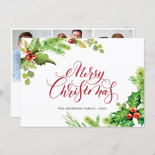 3 PHOTO Festive Holly Berry Christmas Greeting Holiday Card