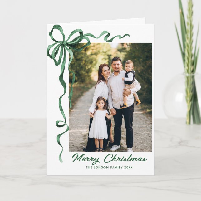 3 Photo Festive Sage Green Christmas Bow Ribbon Holiday Card (Front)