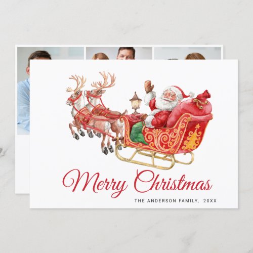 3 PHOTO Festive Santa Sleigh Christmas Greeting Holiday Card