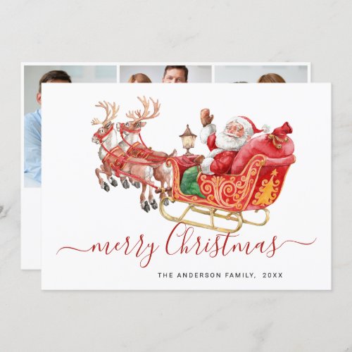 3 PHOTO Festive Santa Sleigh Christmas Greeting Holiday Card