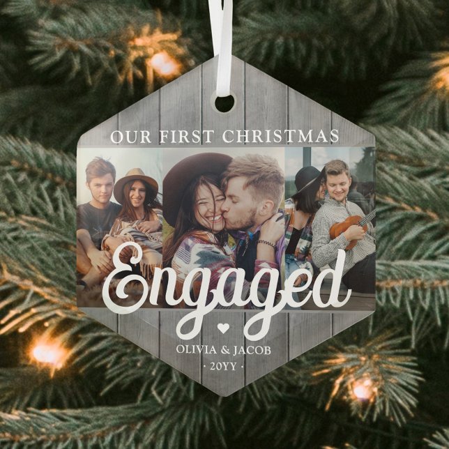 3 Photo First Christmas Engaged Gray Faux Wood Glass Ornament (Creator Uploaded)