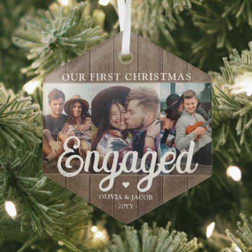 3 Photo First Christmas Engaged Rustic Faux Wood Glass Ornament