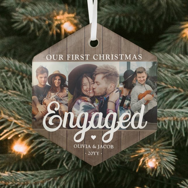 3 Photo First Christmas Engaged Rustic Faux Wood Glass Ornament (Creator Uploaded)