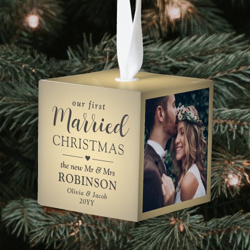 3 Photo First Married Christmas Faux Gold Foil Cube Ornament