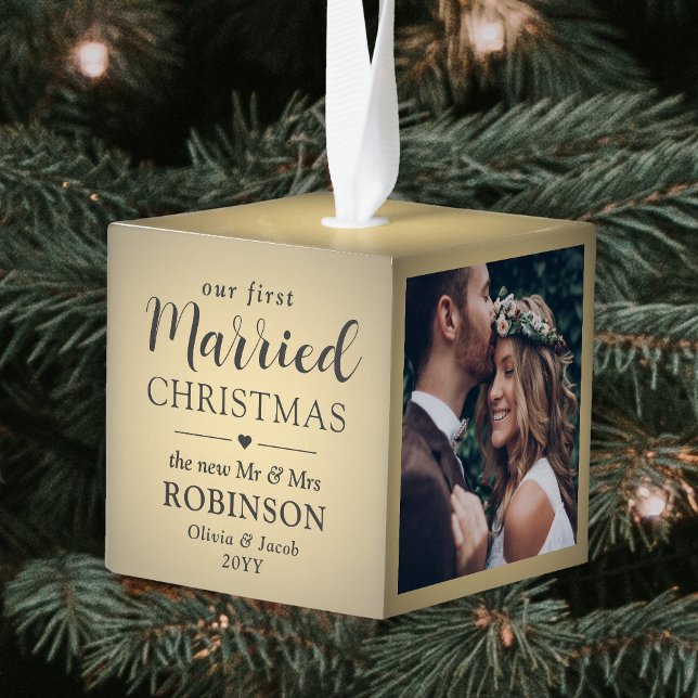 3 Photo First Married Christmas Faux Gold Foil Cube Ornament (Creator Uploaded)