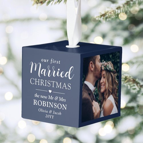 3 Photo First Married Christmas Newlyweds Blue Cube Ornament