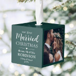 3 Photo First Married Christmas Newlyweds Green Cube Ornament<br><div class="desc">Celebrate a joyful 1st holiday as newlyweds with a custom 3 photo collage "Our First Married Christmas" green and white cube ornament. All wording and pictures on this template are simple to personalize. (IMAGE PLACEMENT TIP: An easy way to center a photo exactly how you want is to crop it...</div>