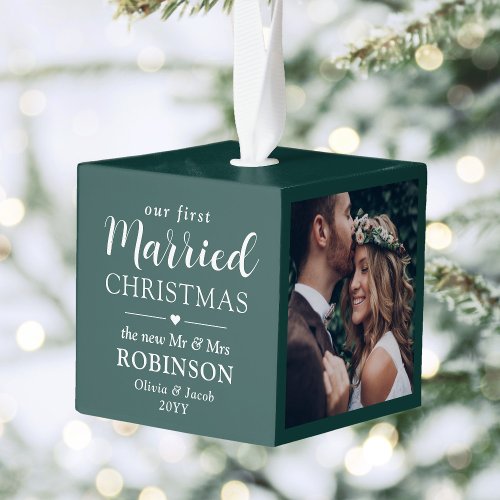 3 Photo First Married Christmas Newlyweds Green Cube Ornament