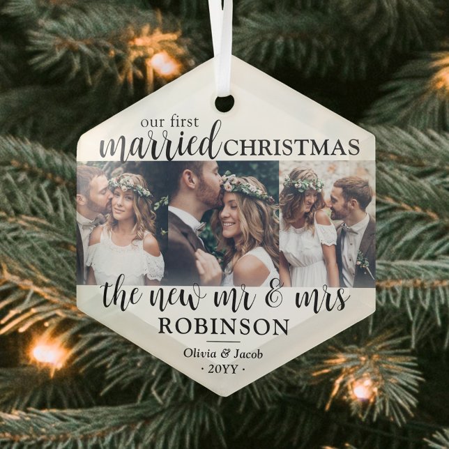 3 Photo First Married Christmas Newlyweds Hexagon Glass Ornament (Creator Uploaded)