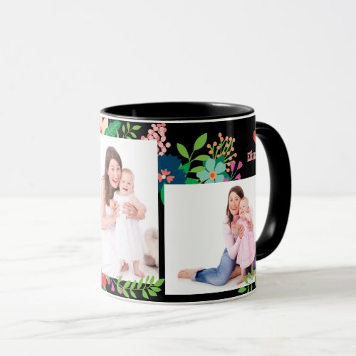 3 Photo Floral Mothers Day Black Coffee Mug