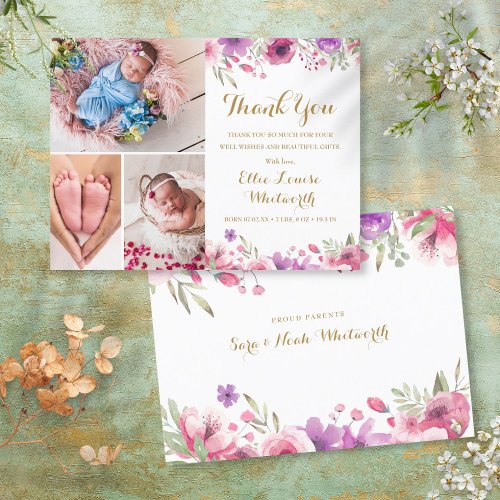 3 Photo Floral Script Thank You Baby Birth Announcement Postcard