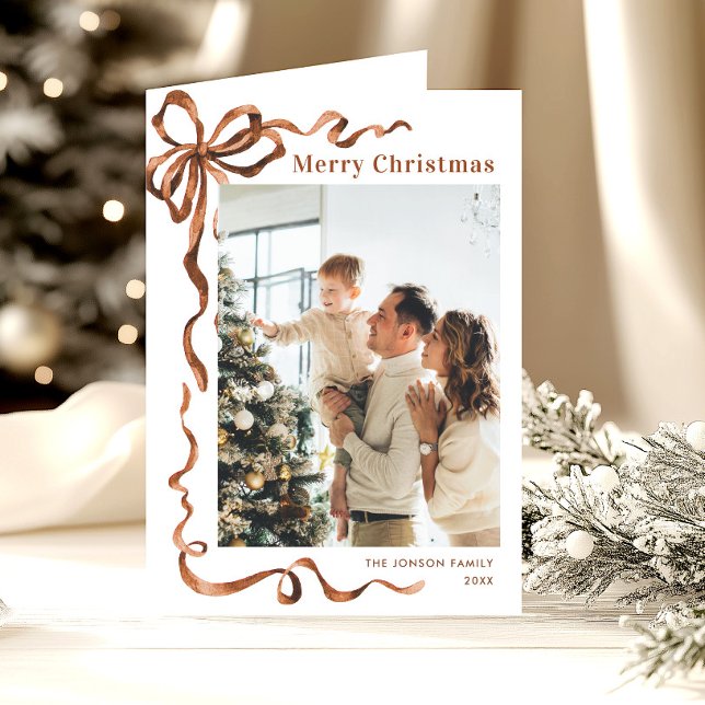 3 Photo Funky Christmas Boho Beige Bow Ribbon Holiday Card (Creator Uploaded)