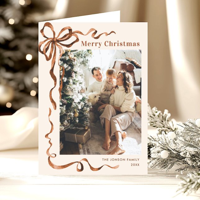 3 Photo Funky Christmas Boho Beige Bow Ribbon Holiday Card (Creator Uploaded)
