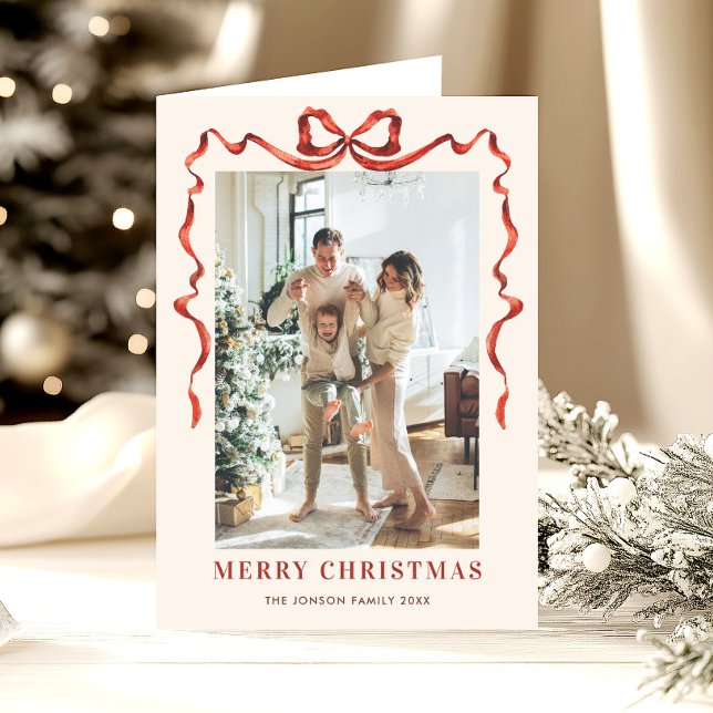 3 Photo Funky Christmas Boho Red Bow Ribbon Holiday Card (Creator Uploaded)