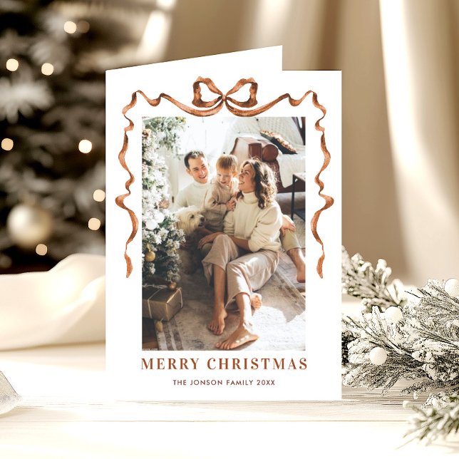 3 Photo Funky Merry Christmas Boho Bow Ribbon Holiday Card (Creator Uploaded)