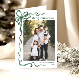 3 Photo Funky Sage Green Christmas Bow Ribbon Holiday Card