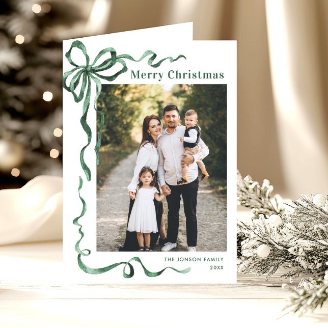 3 Photo Funky Sage Green Christmas Bow Ribbon Holiday Card (Creator Uploaded)