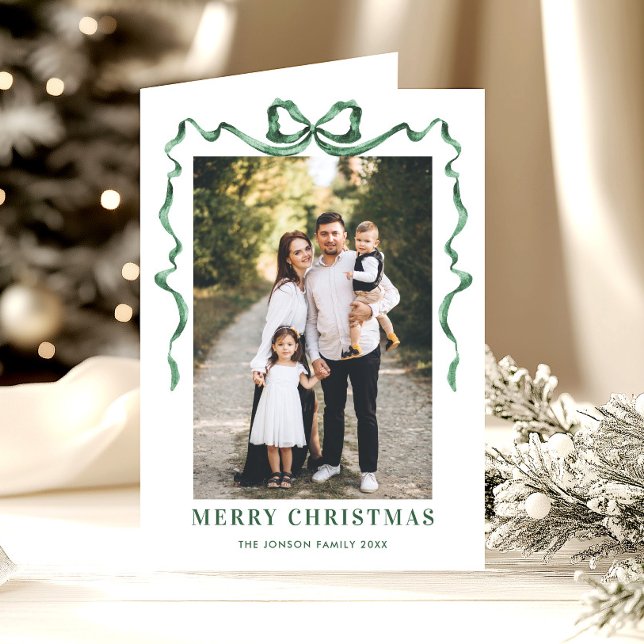 3 Photo Funky Sage Green Christmas Bow Ribbon Holiday Card (Creator Uploaded)