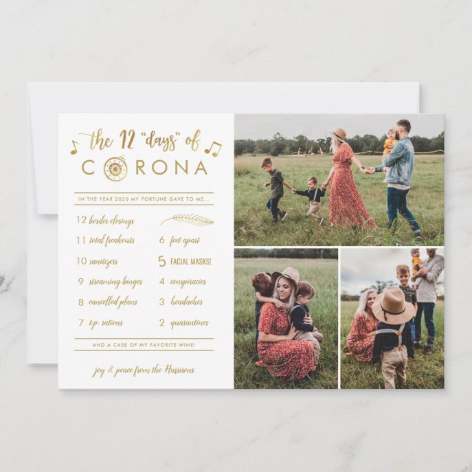 3 Photo Funny Corona | Gold Twelve Days White Holiday Card