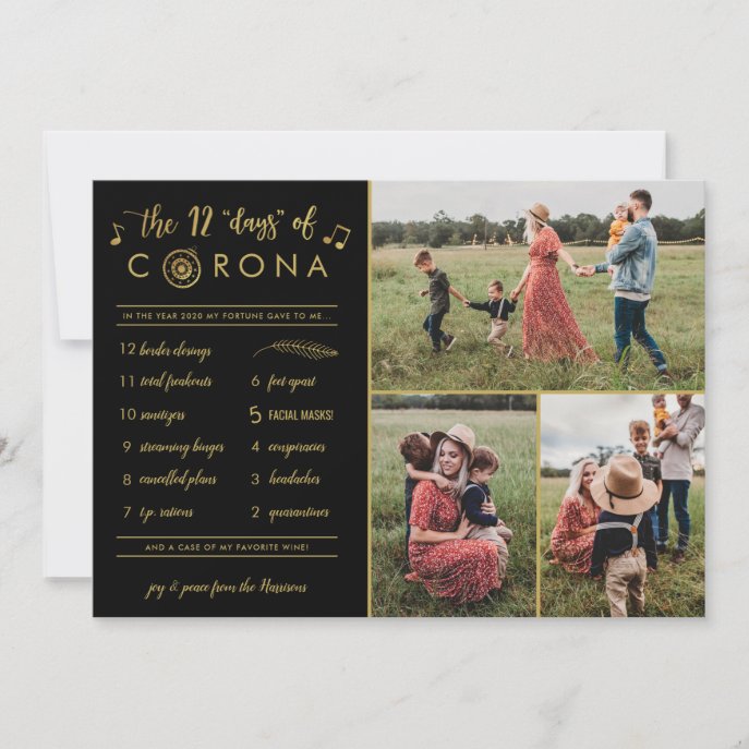 3 Photo Funny Twelve Days Corona Modern Gold Black Holiday Card