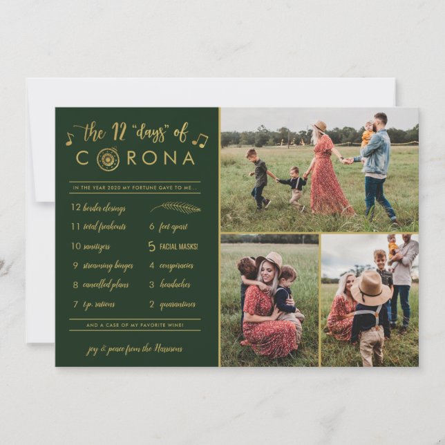 3 Photo Funny Twelve Days Corona Modern Gold Green Holiday Card (Front)