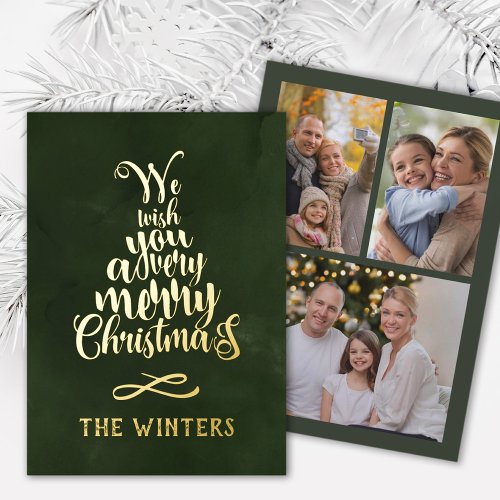 3 Photo Gold and Green Christmas Tree Lettering  Foil Holiday Card