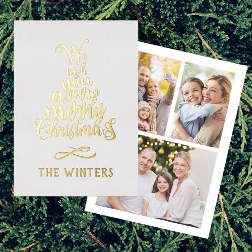 3 Photo Gold and White Christmas Tree Lettering  Foil Holiday Card