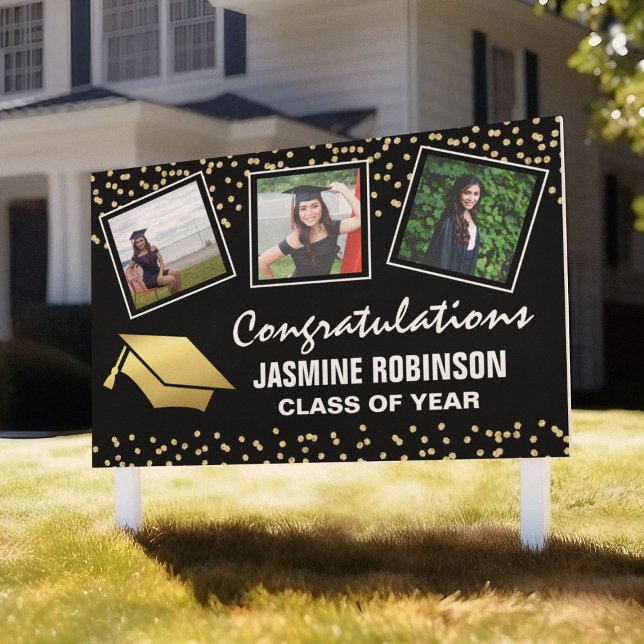 3 Photo Gold Graduate Graduation 2026 Yard Sign (Creator Uploaded)