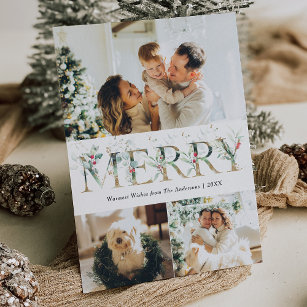 3 Photo Gold & Greenery Berries Merry Christmas  Holiday Card
