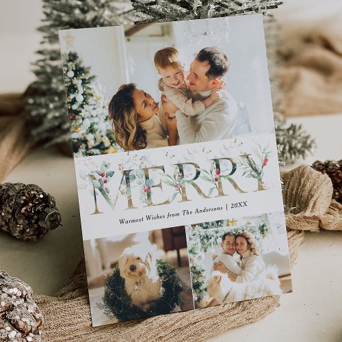 3 Photo Gold  Greenery Berries Merry Christmas  Holiday Card