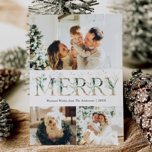 3 Photo Gold  Greenery Merry Christmas Holiday Card