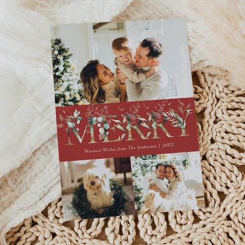 3 Photo Gold Greenery Red Merry Christmas Holiday Card