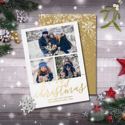 3 Photo Gold Script Merry Christmas Gold Foil Holiday Card