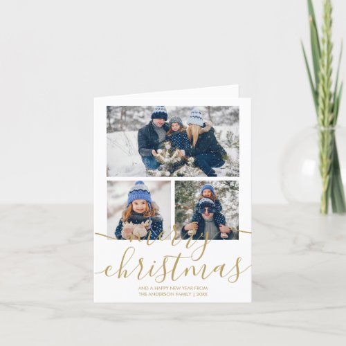 3 Photo Gold Script Merry Christmas Holiday Card
