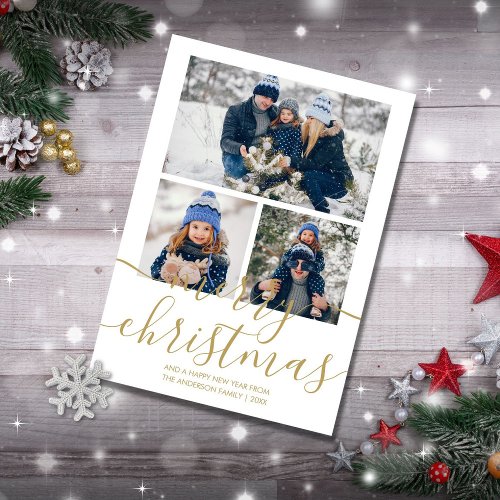 3 Photo Gold Script Merry Christmas Holiday Card