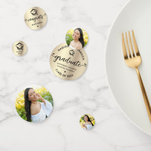 3 Photo Graduation Black Gold Modern Script Cap Confetti