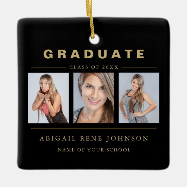 3 Photo Graduation Collage Graduate Black Gold Ceramic Ornament (Front)